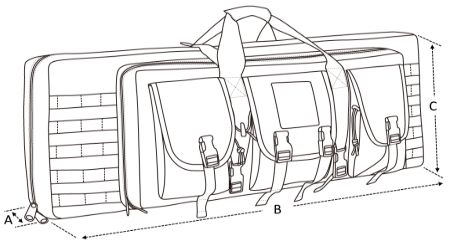 Technical drawing of a tactical carrying case with labeled dimensions and modular compartments, used to illustrate required desing details for OEM submission and R&D feasbility analysis